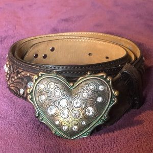 Leather Rhinestone Belt with Metal Heart Buckle